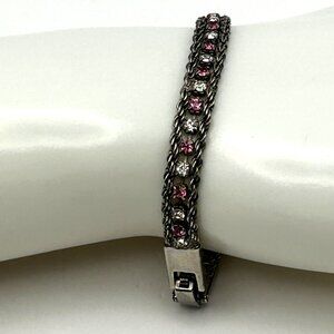 Vintage Sterling Silver 925 Rope Chain Bracelet Pink & Clear Rhinestones 7.25”